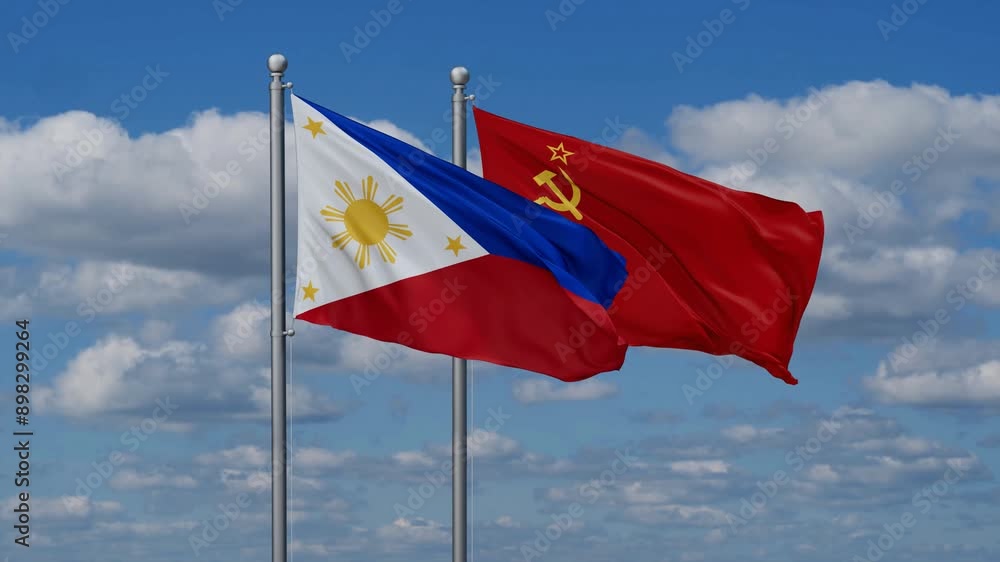 Soviet Union or USSR and Philippines flags flying together, video concept of the relationship, two country cooperation concept Soviet Union or USSR and Philippines flags flying together, video concept of the relationship, two country cooperation concept