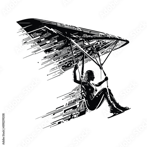 Hang Gliding  female player in cyberpunk pattern illustration, emblem shield badge