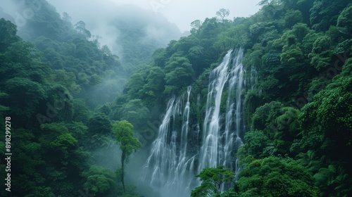  A towering waterfall, nestled amidst a lush forest of verdant trees, shrouded by a foggy sky