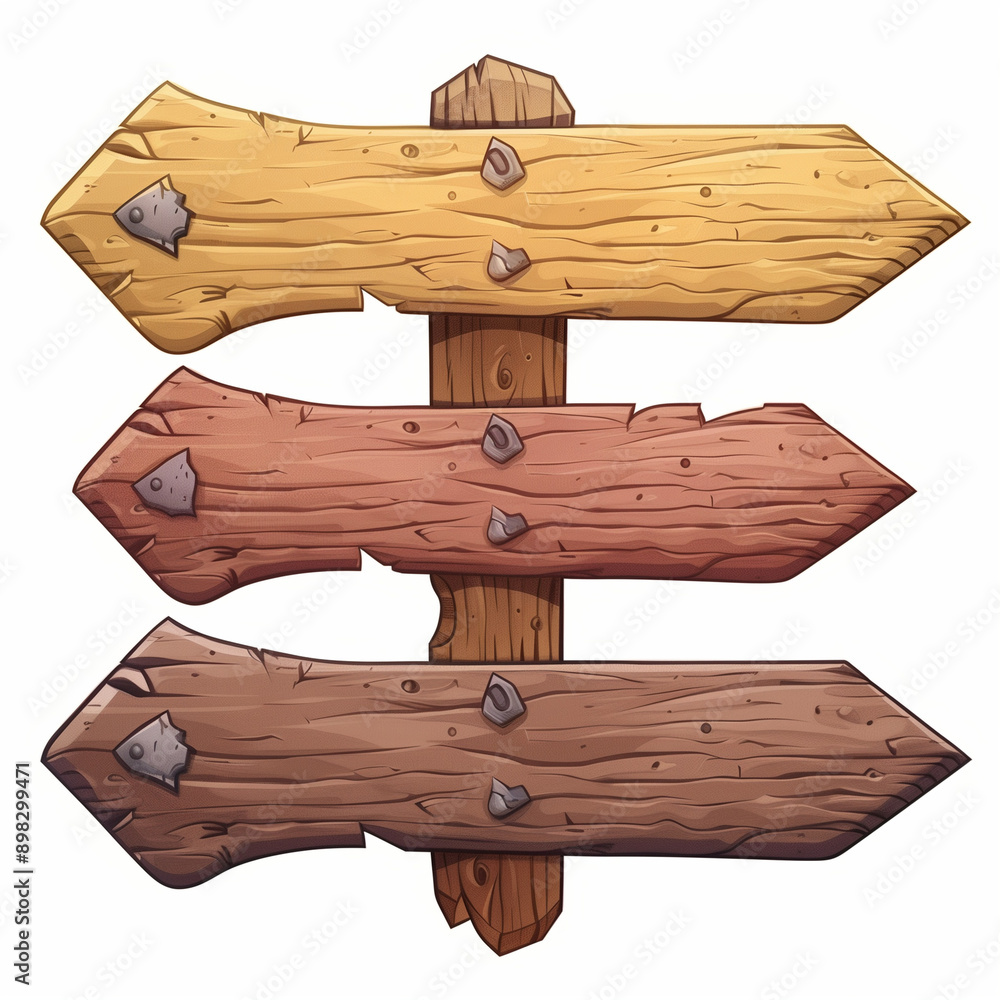 Three wooden signs with arrows pointing in different directions. The signs are old and weathered, giving them a rustic and nostalgic feel Three wooden signs with arrows pointing in different directions. The signs are old and weathered, giving them a rustic and nostalgic feel