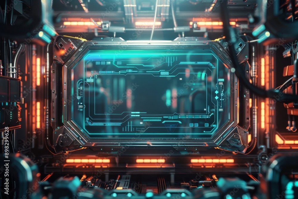 A frame of sleek metal and glowing LED lights, with a high-tech interface. The center is a blank, holographic screen. A frame of sleek metal and glowing LED lights, with a high-tech interface. The center is a blank, holographic screen.