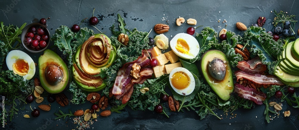 An appetizing assortment of ingredients like kale Bibb lettuce nuts fruits vegetables bacon cheese avocado and eggs tossed in olive oil is beautifully presented in a copy space image An appetizing assortment of ingredients like kale Bibb lettuce nuts fruits vegetables bacon cheese avocado and eggs tossed in olive oil is beautifully presented in a copy space image