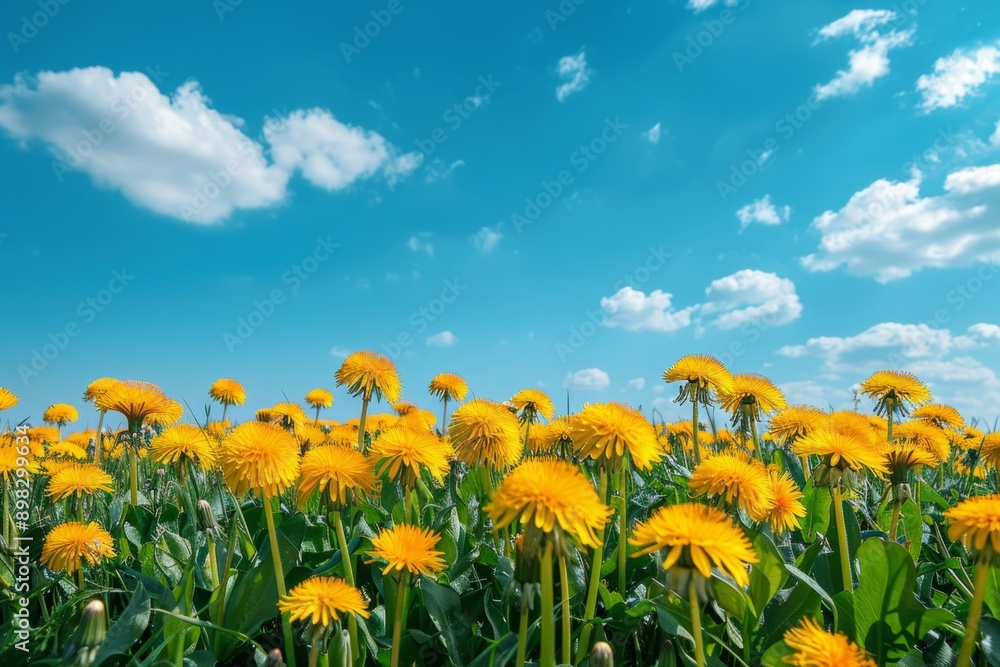 Fototapeta premium Yellow dandelions blooming against a blue cloudy sky