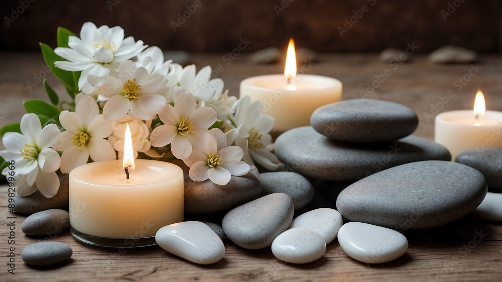 Tranquil spa scene with lit candles, smooth stones, and delicate white flowers on a wooden surface, creating a peaceful and calming ambiance. Tranquil spa scene with lit candles, smooth stones, and delicate white flowers on a wooden surface, creating a peaceful and calming ambiance.