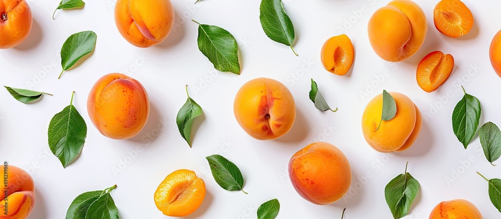 Apricot fruits with leaves isolated on a white background providing ample copy space in a top down flat lay pattern Apricot fruits with leaves isolated on a white background providing ample copy space in a top down flat lay pattern