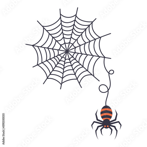 Black spider and torn web. Web weaving, halloween symbol. Isolated on white vector illustration