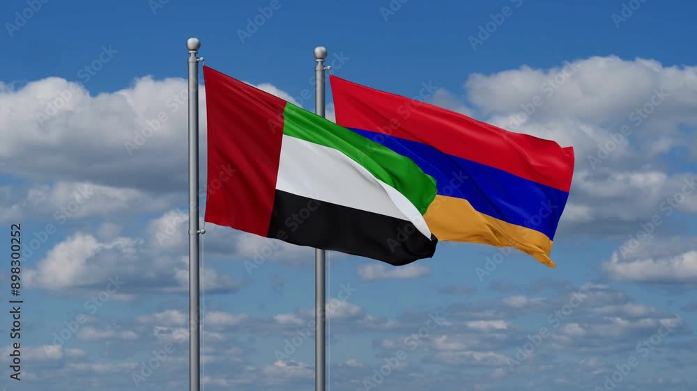 Armenia and United Arab Emirates flags flying together, video concept of the relationship, two country cooperation concept Armenia and United Arab Emirates flags flying together, video concept of the relationship, two country cooperation concept