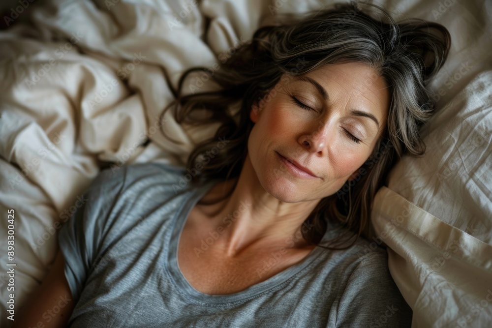 mature woman in t shirt sleeping in bed. ai generated mature woman in t shirt sleeping in bed. ai generated
