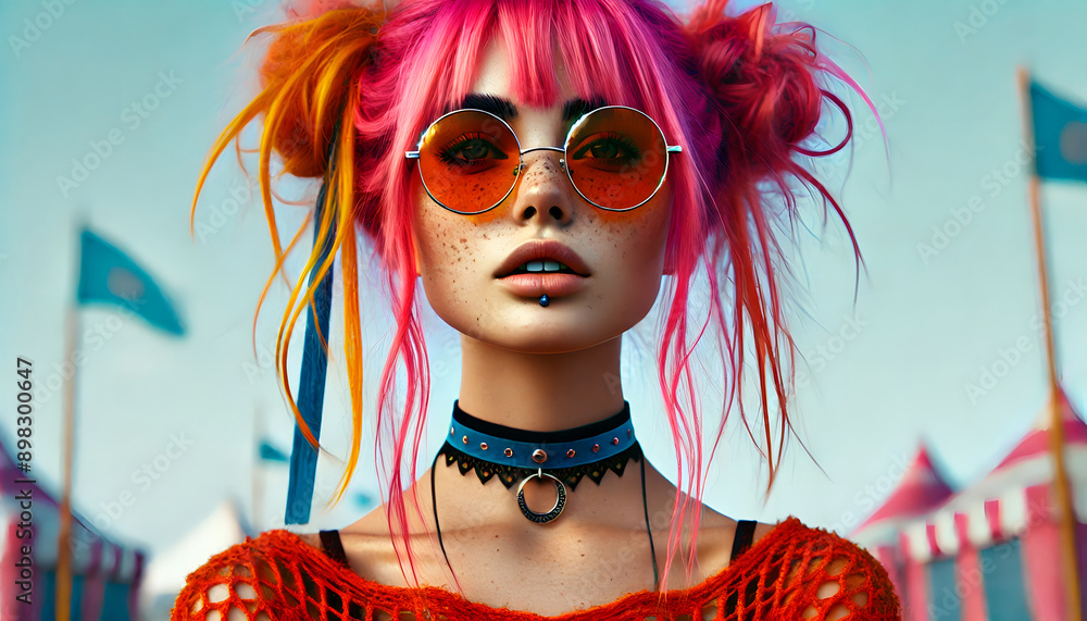 Obraz premium Vibrant Anime-Style Portrait of a Girl with Pink Hair and Orange Sunglasses Against a Blue Sky