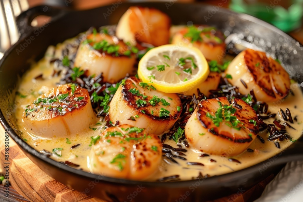 A dish of scallops in a lemon butter sauce, garnished with parsley and served with a side of wild rice. A dish of scallops in a lemon butter sauce, garnished with parsley and served with a side of wild rice.