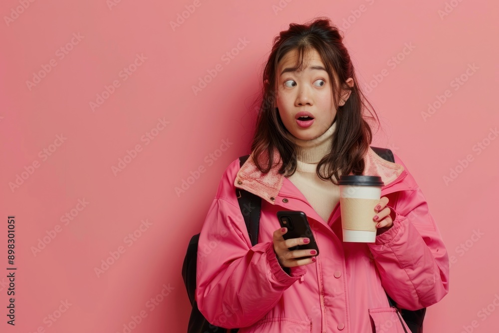 Surprised woman holding coffee