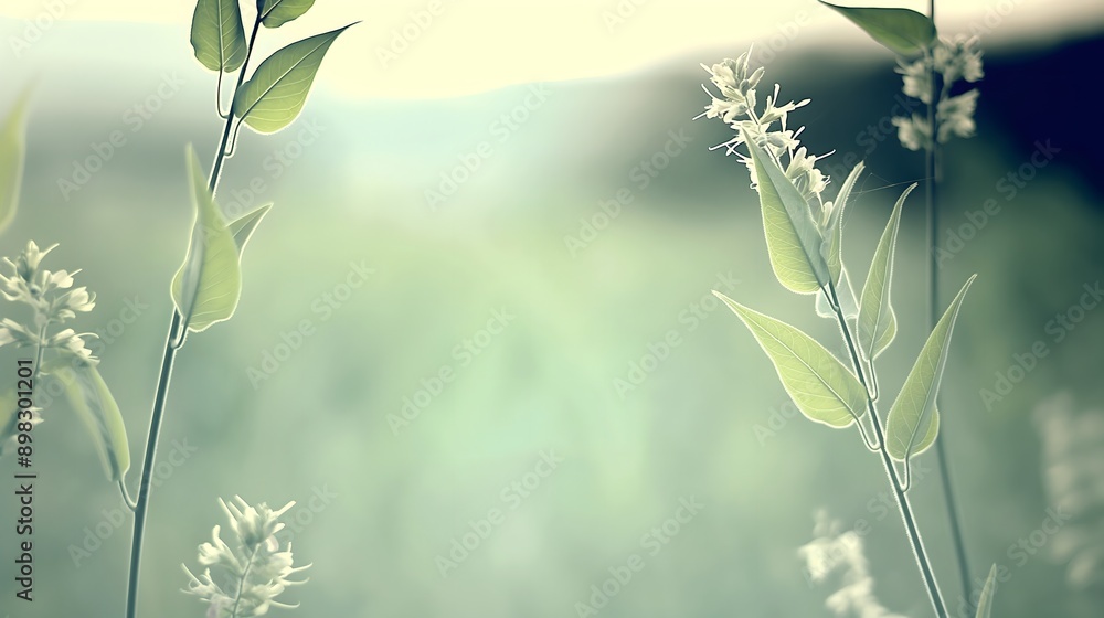 Fototapeta premium Morning green leaves and white flowers on a plant background, creating a natural green wallpaper