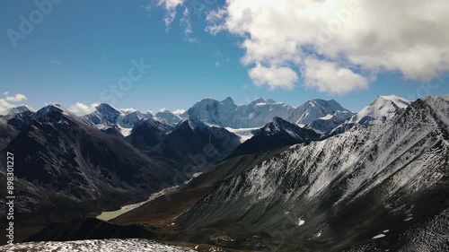 Snowy mountain peaks drone view