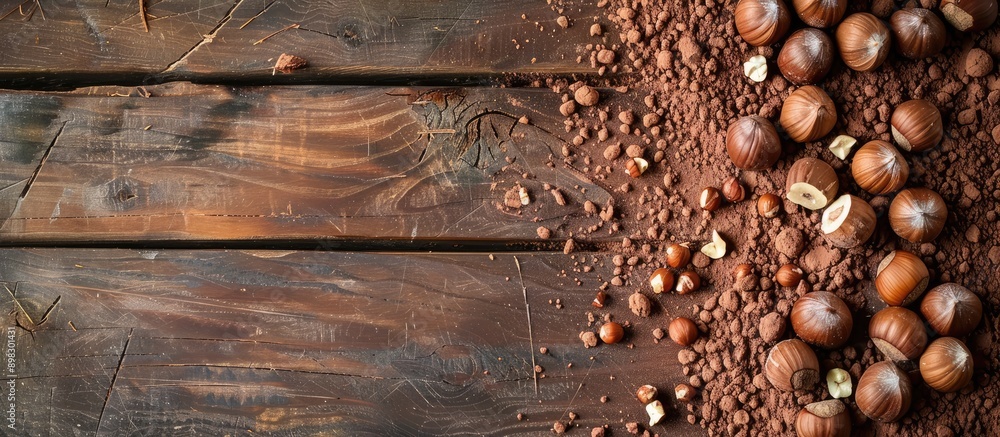 Delicious milk chocolate topped with cocoa powder and hazelnuts on a wooden backdrop with copy space image Delicious milk chocolate topped with cocoa powder and hazelnuts on a wooden backdrop with copy space image