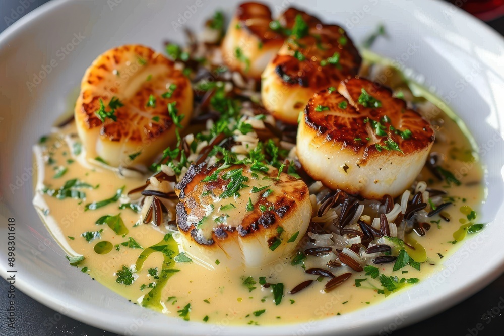 A dish of scallops in a lemon butter sauce, garnished with parsley and served with a side of wild rice. A dish of scallops in a lemon butter sauce, garnished with parsley and served with a side of wild rice.