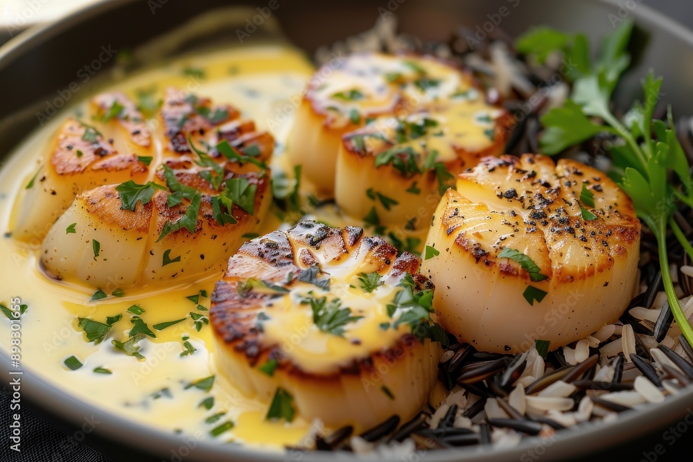 A dish of scallops in a lemon butter sauce, garnished with parsley and served with a side of wild rice. A dish of scallops in a lemon butter sauce, garnished with parsley and served with a side of wild rice.