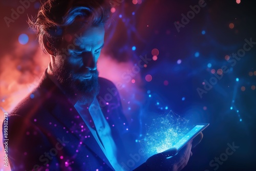 Cyber Security Concept. A man in his thirties with brown hair and beard, dressed elegantly, holds a tablet emitting blue light, surrounded by glowing digital particles., with a vibrant background.  © Colin