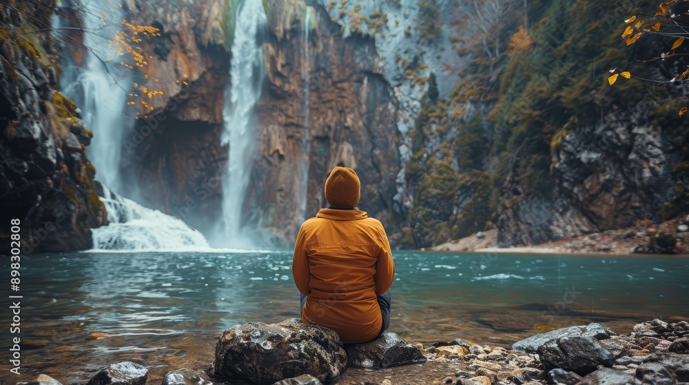 A person sits on a rock before a waterfall, which flows into a body of water The waterfall forms a scenic backdrop A person sits on a rock before a waterfall, which flows into a body of water The waterfall forms a scenic backdrop