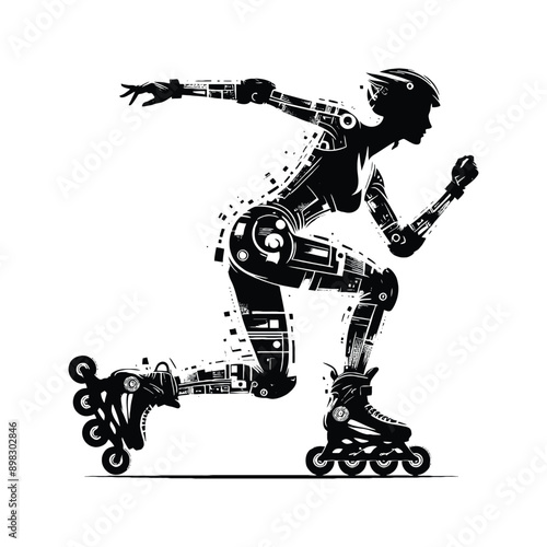 Inline Skating, roller skate   female player in cyberpunk pattern illustration, emblem shield badge