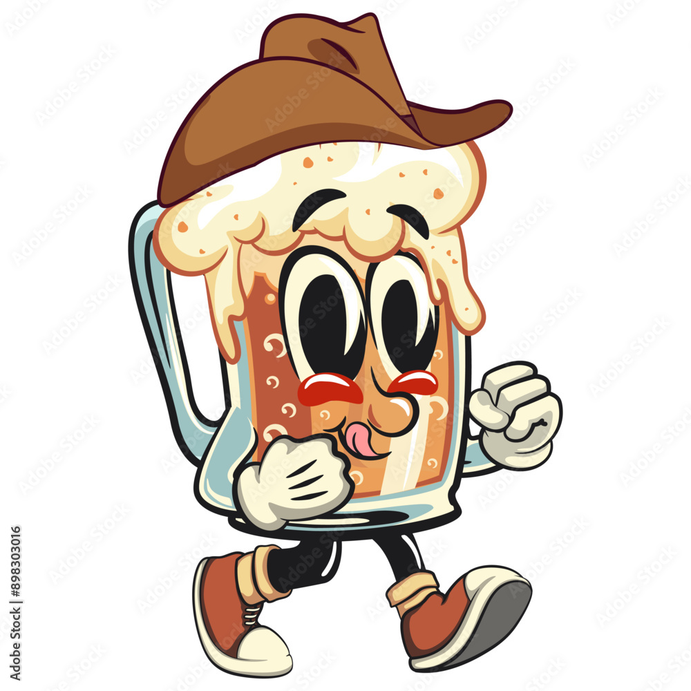 beer cartoon character retro design wearing a cowboy hat walking calmly, work of hand drawn beer cartoon character retro design wearing a cowboy hat walking calmly, work of hand drawn