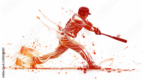 A Silhouette Of A Baseball Player In Action, A Splash Of Orange Paint Against White