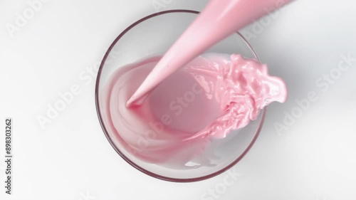 Strawberry smoothie with cream pouring slowly into glass in white background, top view in kitchen