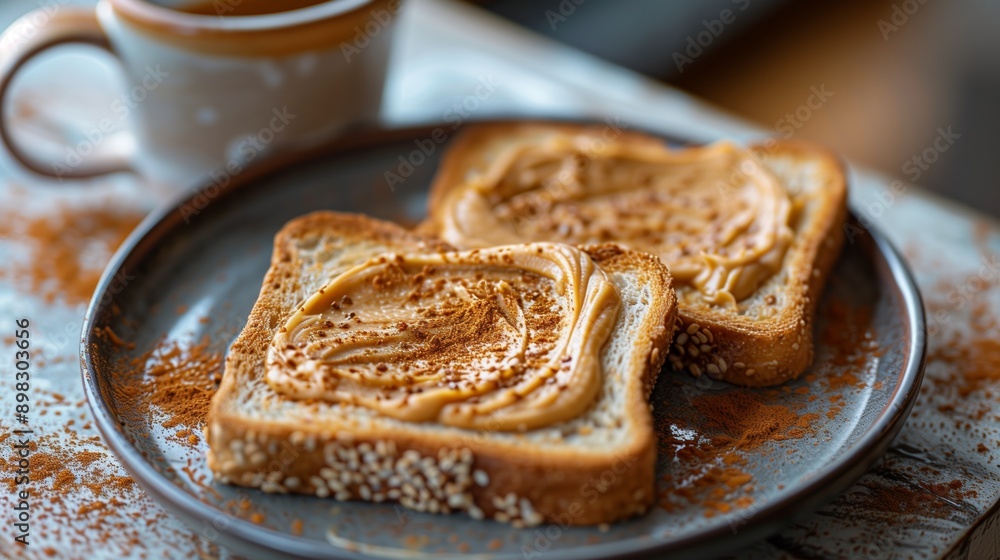 Two Slices of Peanut Butter Toast With Cinnamon on a Plate Two Slices of Peanut Butter Toast With Cinnamon on a Plate