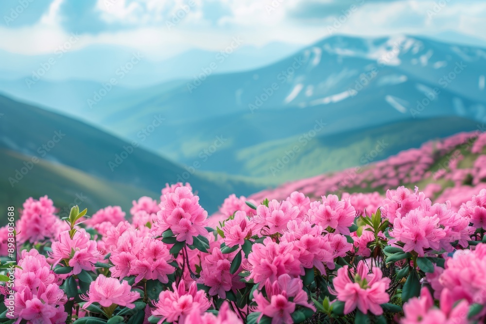Obraz premium Blooming pink rhododendrons in the mountains