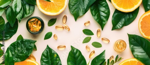 Top view of capsules containing fish oil and vitamin C arranged among green leaves creates a health care concept with healthy food displayed in the copy space image