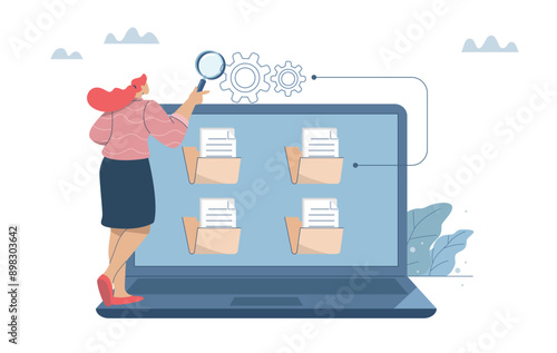 Concept of data storage, Document management, Office file folder, organizing important files, Female employee storing important documents permanently in laptop. Vector design illustration.