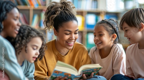 An elementary school reading circle with a teacher reading a book to attentive students