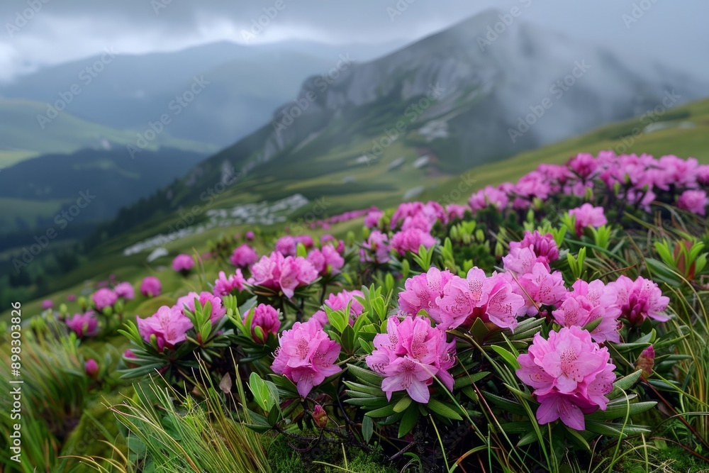 Obraz premium Pink rhododendrons blooming in the misty mountains