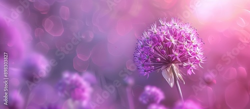 A blooming purple allium cristophii flower in spring with a focused composition and space for text or graphics. Creative banner. Copyspace image photo