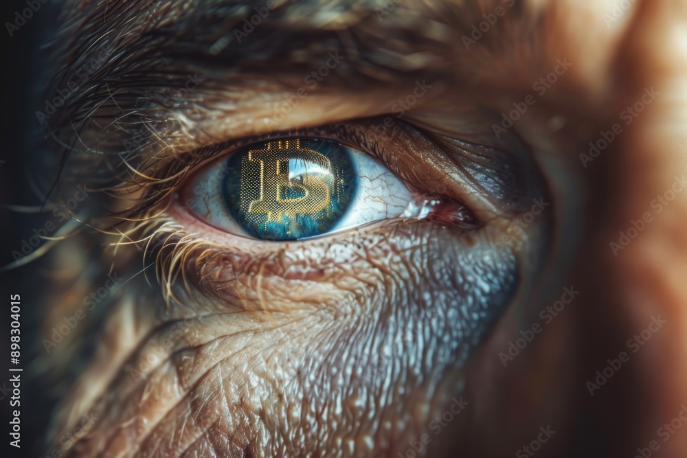 Image of a bitcoin cryptocurrency coin sign in the eyes of a man working on a computer Image of a bitcoin cryptocurrency coin sign in the eyes of a man working on a computer