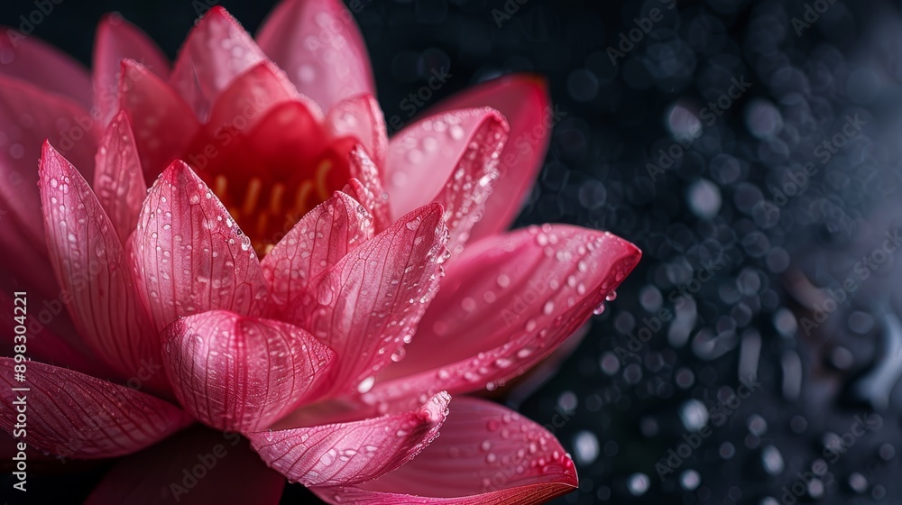 A tight shot of a pink water lily against a black backdrop, adorned with pearls of water on its petals A tight shot of a pink water lily against a black backdrop, adorned with pearls of water on its petals