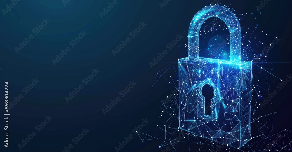 A glowing digital lock on a dynamic particlefilled blue background symbolizes cybersecurity A glowing digital lock on a dynamic particlefilled blue background symbolizes cybersecurity