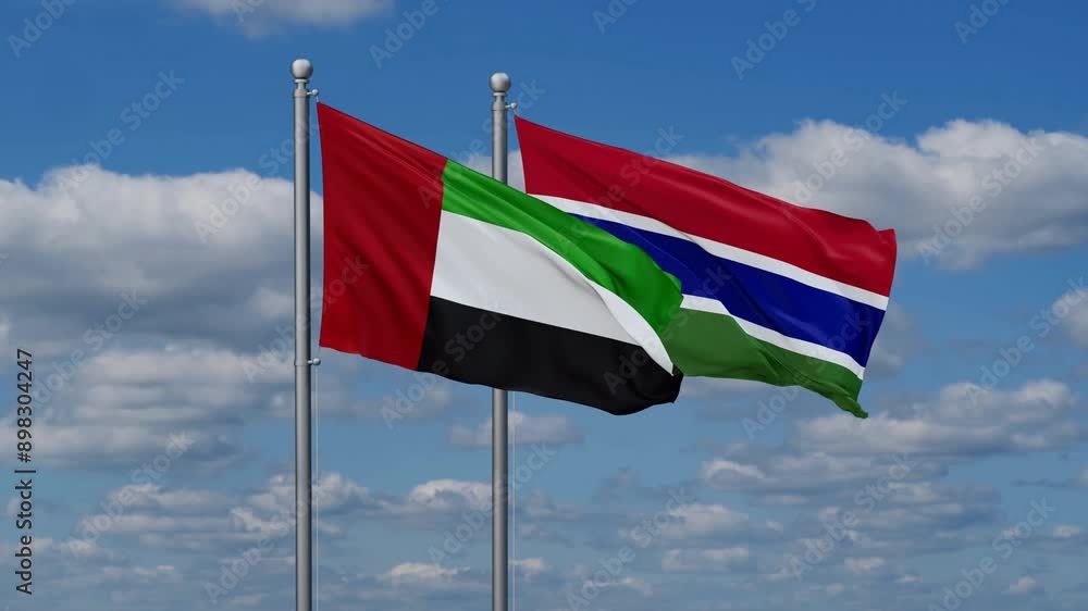 Gambia and United Arab Emirates flags flying together, video concept of the relationship, two country relations concept Gambia and United Arab Emirates flags flying together, video concept of the relationship, two country relations concept