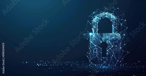 A glowing digital lock on a dynamic particlefilled blue background symbolizes cybersecurity photo