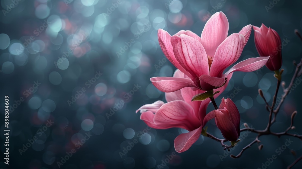 Obraz premium A pink flower, tightly framed, sits atop a branch against a backdrop of softly glowing lights The environment behind fades into a blur