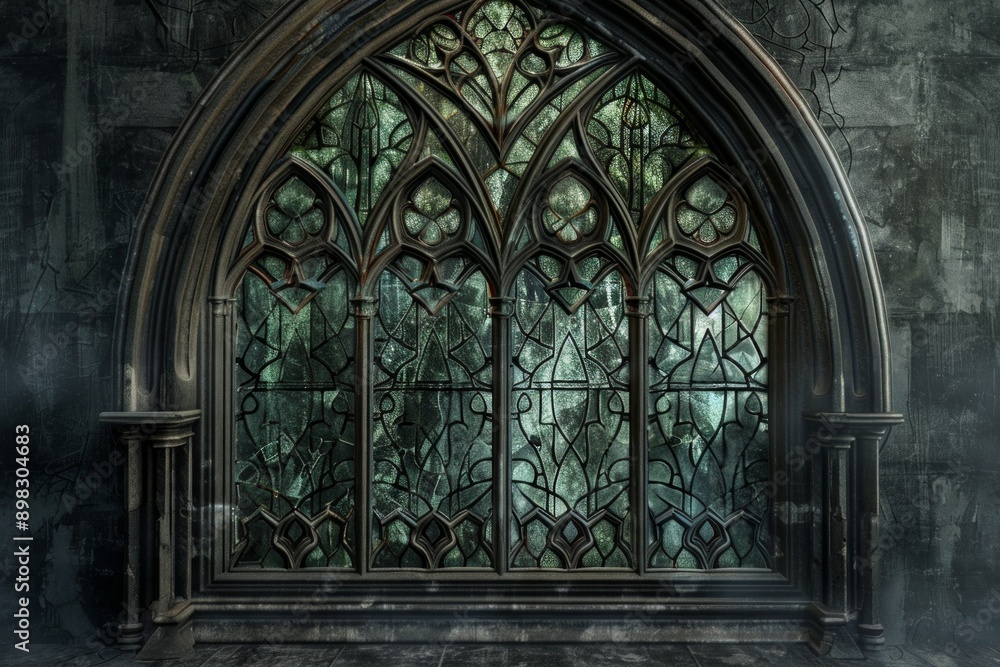 Obraz premium Gothic Stained Glass frame made of dark, intricate stained glass designs with pointed arches. 