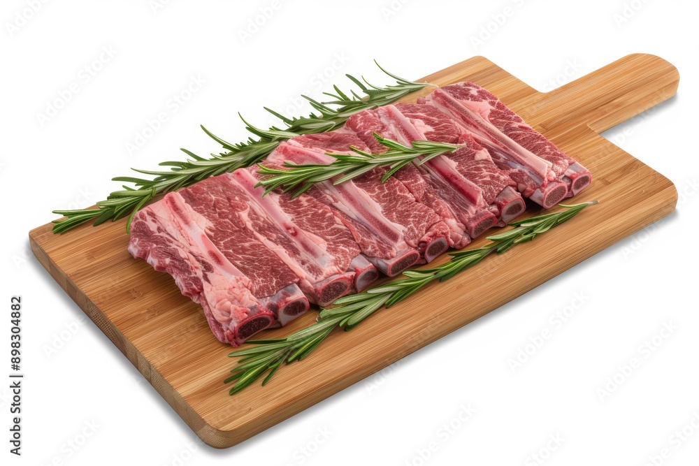 Fresh Raw Lamb Ribs on Wooden Cutting Board Garnished with Rosemary Fresh Raw Lamb Ribs on Wooden Cutting Board Garnished with Rosemary