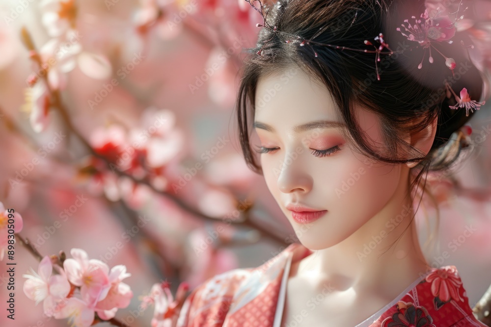 Young beautiful Japanese girl in a traditional kimono against the background of blooming sakura Young beautiful Japanese girl in a traditional kimono against the background of blooming sakura