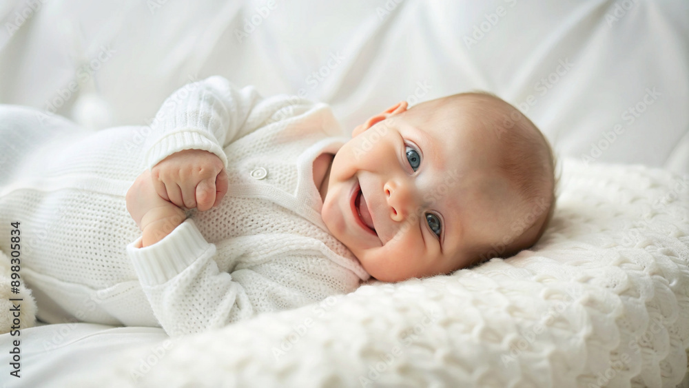 Beautiful newborn baby dressed in white on a white cotton background. Beautiful newborn baby dressed in white on a white cotton background.