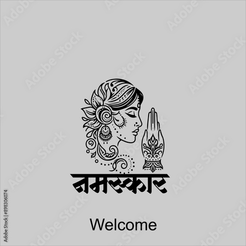 Welcome gesture Indian greeting banner in Namaste mudra on insulated background in vector. Hand drawn Boho or Mehndi Henna Tattoo style frame on a teal