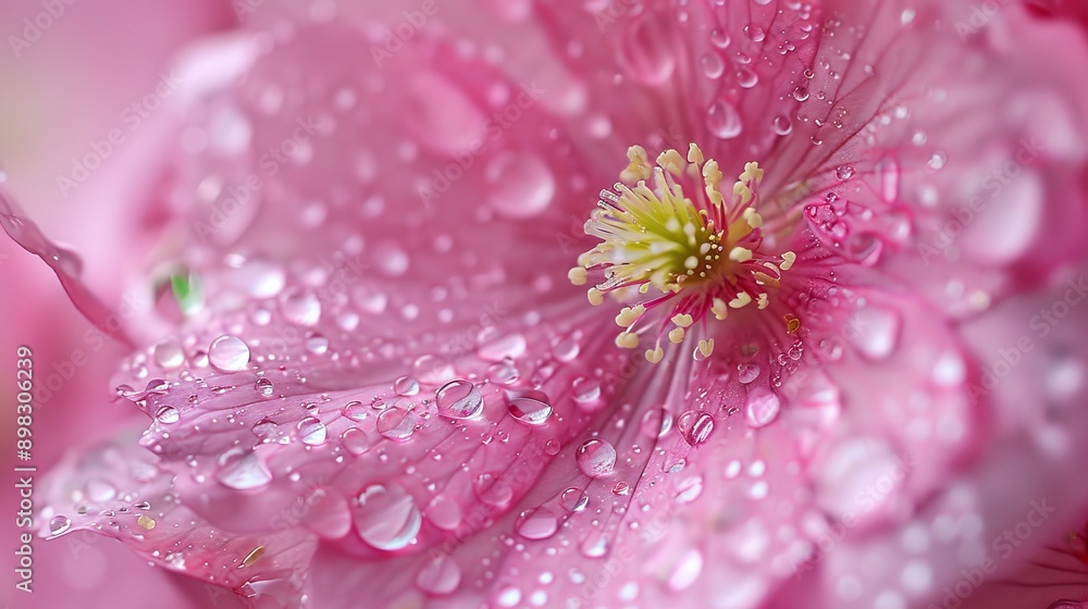 Close-up of a pink flower with dewdrops on petals and center Close-up of a pink flower with dewdrops on petals and center