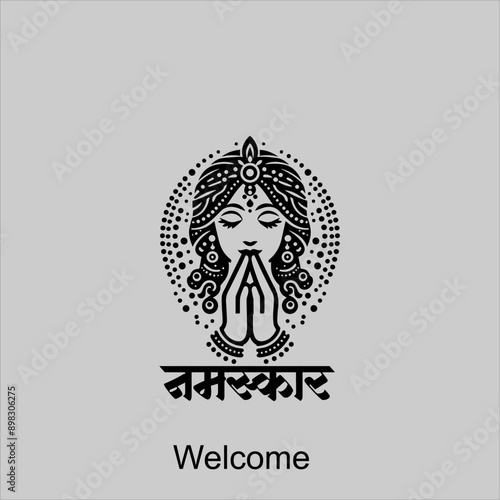 Welcome gesture Indian greeting banner in Namaste mudra on insulated background in vector. Hand drawn Boho or Mehndi Henna Tattoo style frame on a teal