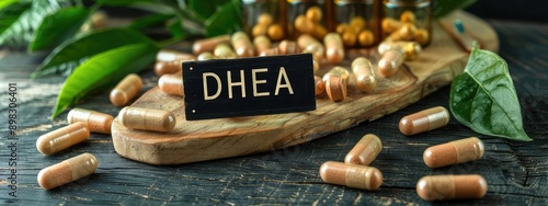 DHEA capsules supplements on the table. Selective focus. photo