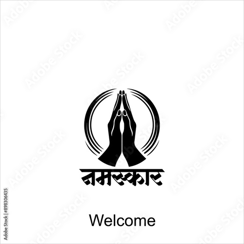 Welcome gesture Indian greeting banner in Namaste mudra on insulated background in vector. Hand drawn Boho or Mehndi Henna Tattoo style frame on a teal