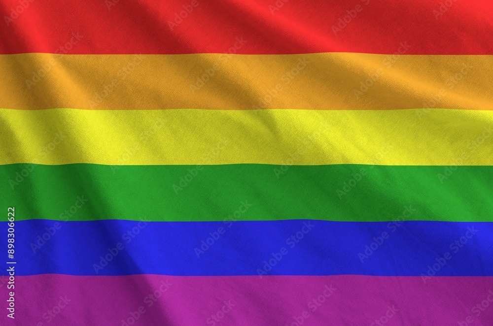 LGBT community flag depicted on folded wavy fabric of old cloth close up LGBT community flag depicted on folded wavy fabric of old cloth close up