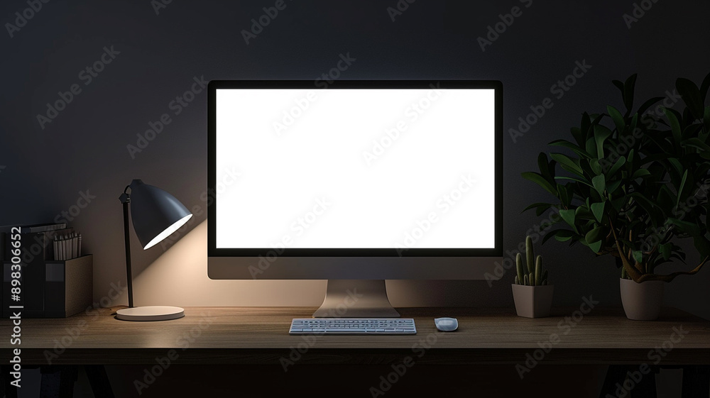 a blank white computer monitor screen on a wooden desk in a dark office room